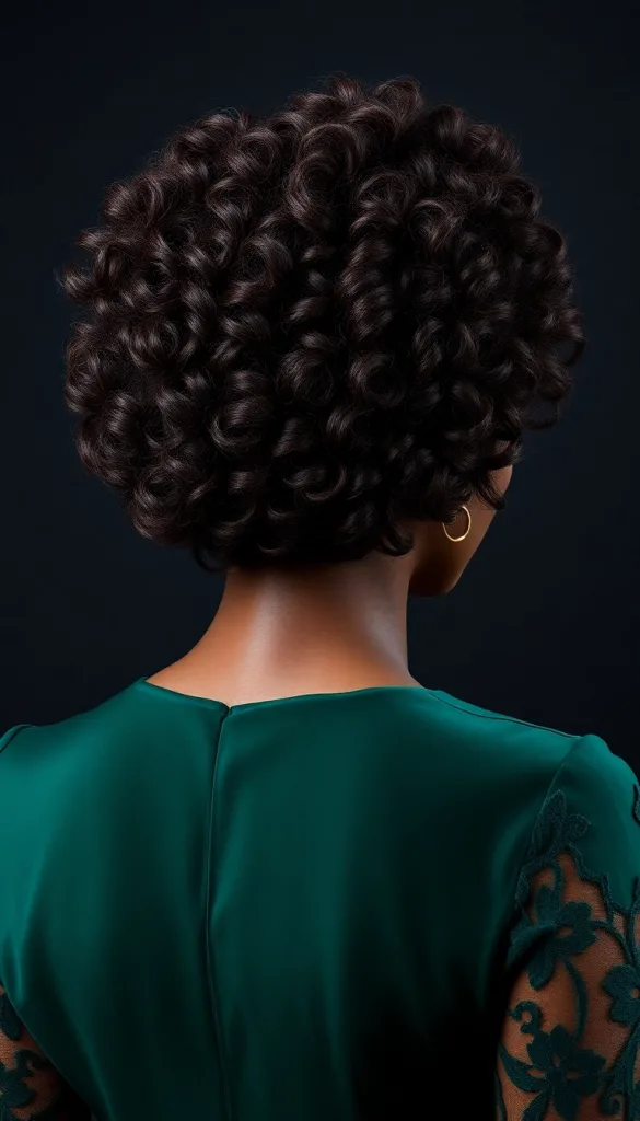 Back-facing ultra-close-up of an older Black woman with short curly bob, charcoal background, dark emerald gown, highlighting defined curls.