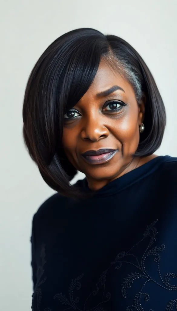 Front-facing ultra-close-up of an older Black woman with side-swept bob, light background, dark sapphire gown, highlighting elegant bangs.