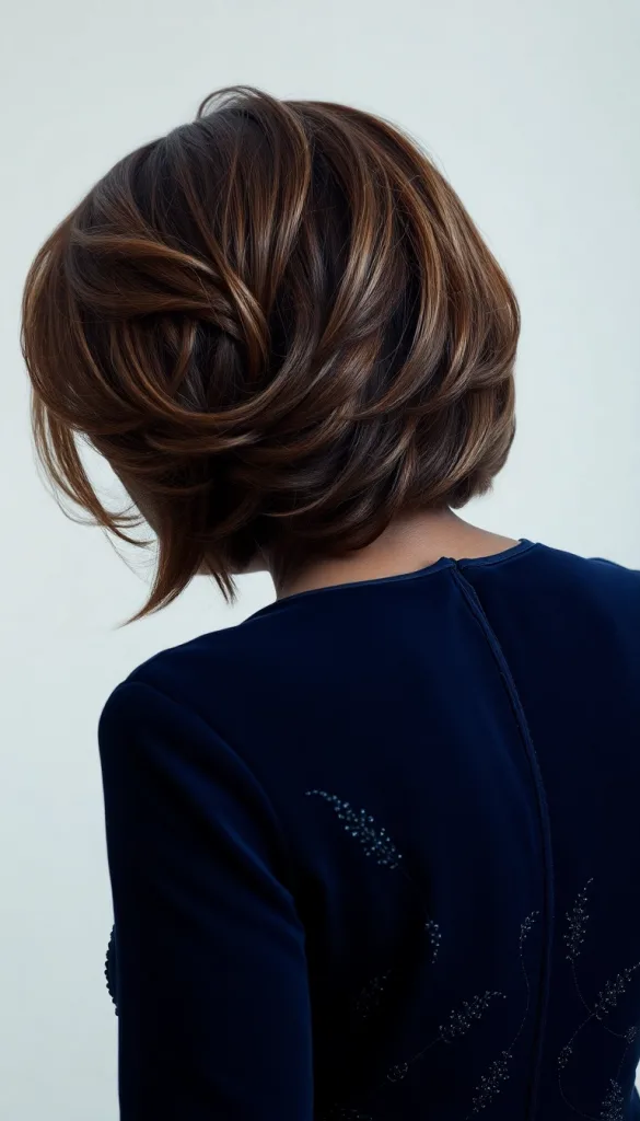Back-facing ultra-close-up of an older Black woman with feathered bob, light background, dark sapphire gown, highlighting soft layers.