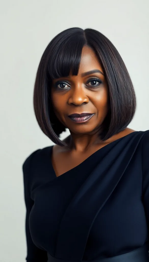 Front-facing ultra-close-up of an older Black woman with jaw-length bob, light background, dark navy gown, highlighting crisp structure.