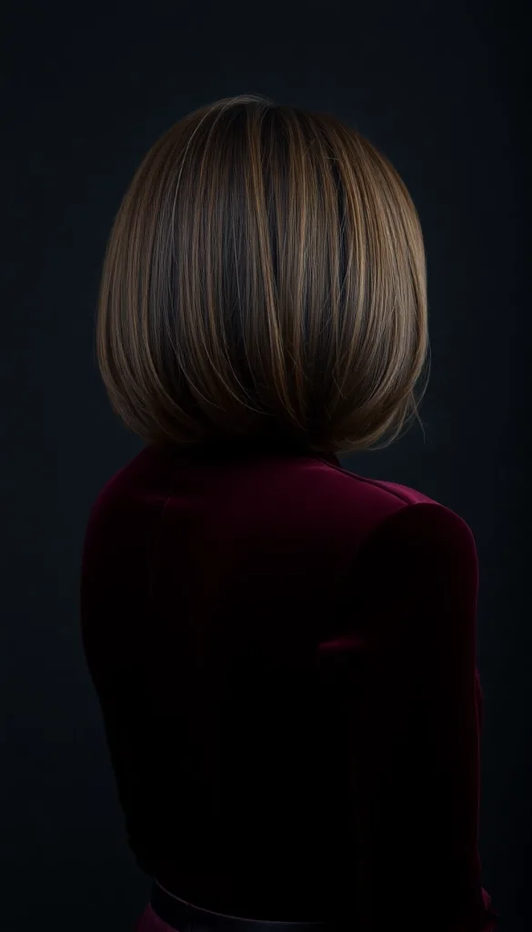Back-facing ultra-close-up of an older Black woman with rounded bob, charcoal background, dark burgundy gown, highlighting gentle shape.