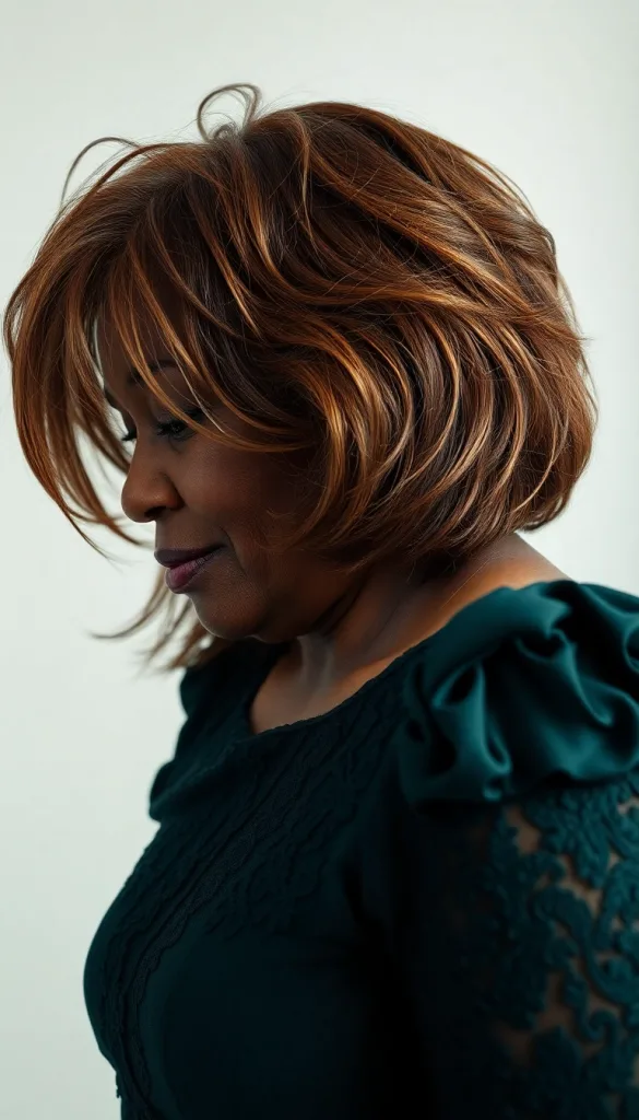 Side-facing ultra-close-up of an older Black woman with messy textured bob, light background, dark emerald gown, highlighting modern texture.