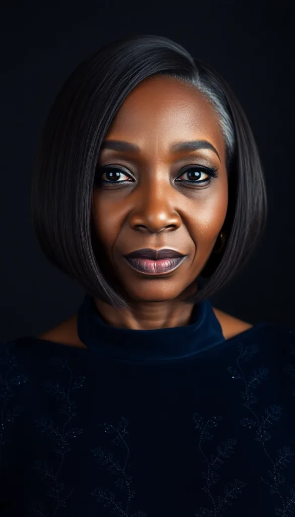 Front-facing ultra-close-up of an older Black woman with tapered bob, charcoal background, dark sapphire gown, highlighting sleek precision.