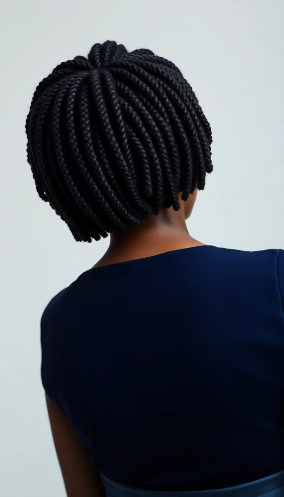 Back-facing ultra-close-up of an older Black woman with micro-twist bob, light background, dark navy gown, highlighting intricate texture.