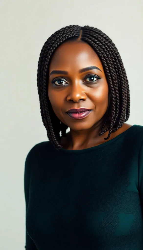 Straight-on ultra-close-up of an older Black woman with box braids bob, light background, dark emerald gown, highlighting braided texture.