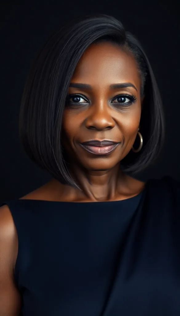 Straight-on ultra-close-up of an older Black woman with sleek bob, charcoal background, dark navy gown, highlighting middle part.