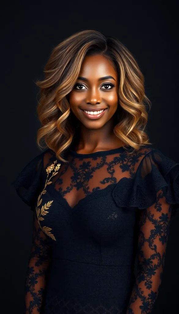 Front-facing portrait of a smiling Black woman with feathered lob, charcoal background, black lace gown, highlighting golden streaks.