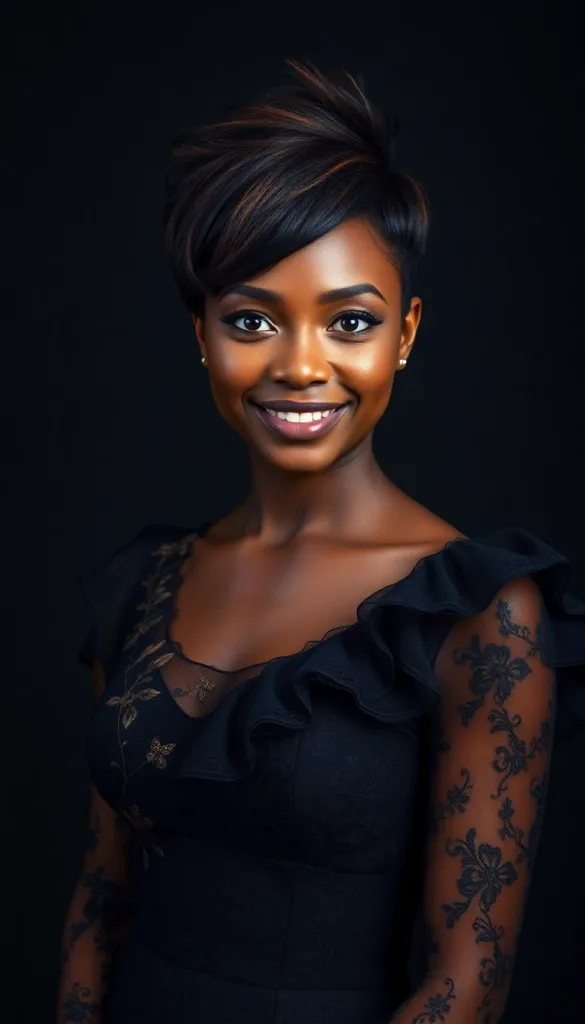 Front-facing portrait of a smiling Black woman with feathered pixie bob, charcoal background, black lace gown, highlighting lifted layers.