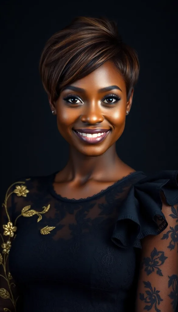 Front-facing close-up of a smiling Black woman with feathered pixie bob, charcoal background, black lace gown, highlighting honey highlights.