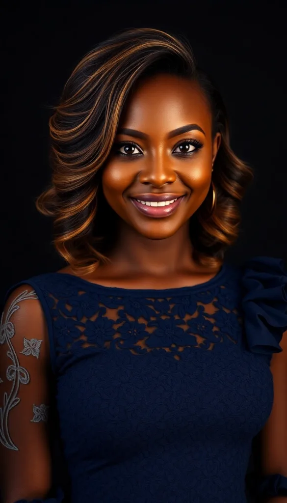 Front-facing close-up of a smiling Black woman with feathered flip, charcoal background, navy lace gown, highlighting golden tips.