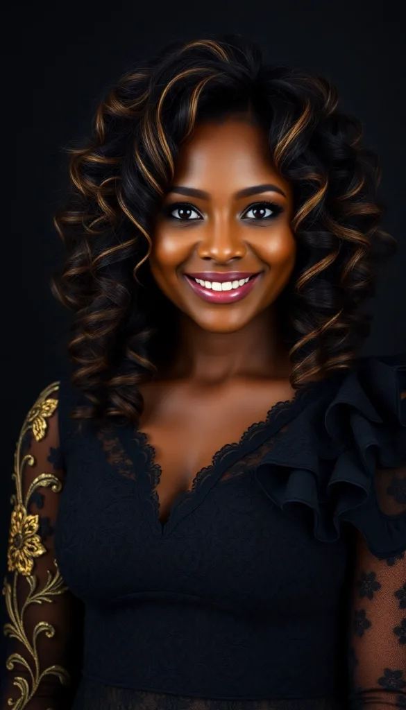 Front-facing close-up of a smiling Black woman with feathered curls, charcoal background, black lace gown, highlighting caramel highlights.