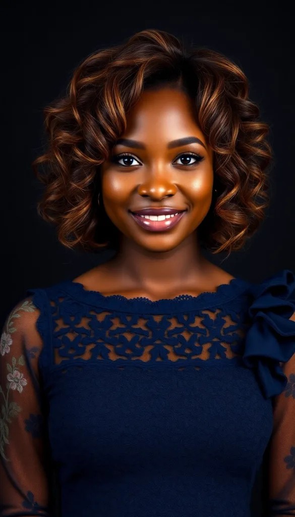 Front-facing close-up of a smiling Black woman with feathered curly bob, charcoal background, navy lace gown, highlighting honey highlights.