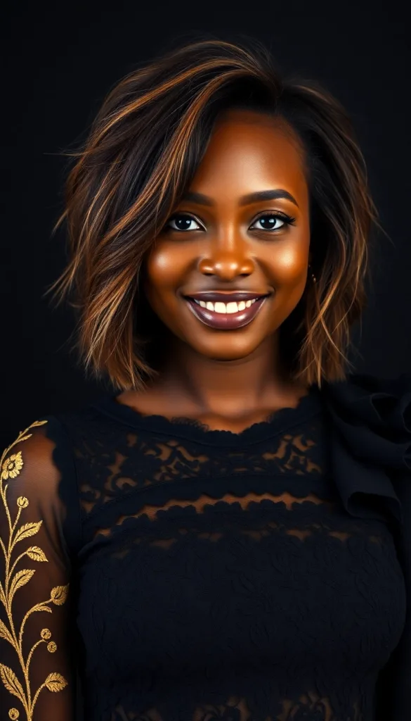 Front-facing close-up of a smiling Black woman with tousled feathered bob, charcoal background, black lace gown, highlighting wispy layers.