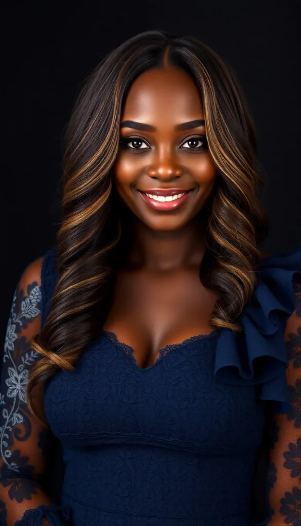 Front-facing close-up of a smiling Black woman with feathered layers, charcoal background, navy lace gown, highlighting ash blonde tones.