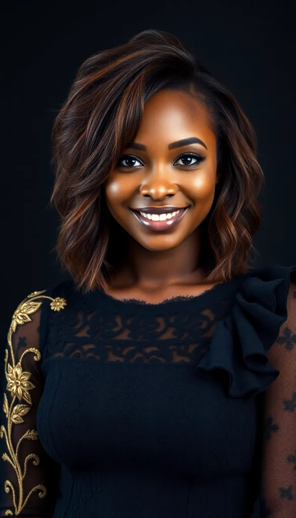 Front-facing close-up of a smiling Black woman with feathered shag, charcoal background, black lace gown, highlighting wispy fringe.