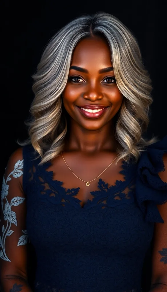 Front-facing close-up of a smiling Black woman with feathered layers, charcoal background, navy lace gown, highlighting silver tones.