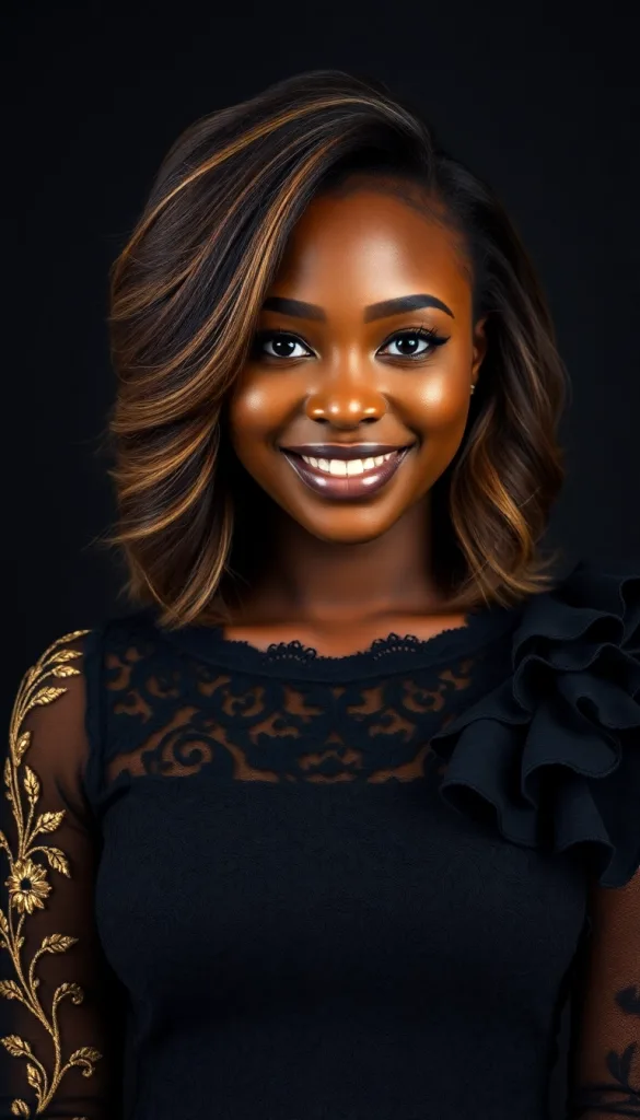 Front-facing close-up of a smiling Black woman with feathered blowout, charcoal background, black lace gown, highlighting polished ends.