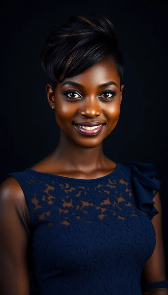 Front-facing close-up of a smiling Black woman with feathered pixie, charcoal background, navy lace gown, highlighting subtle highlights.