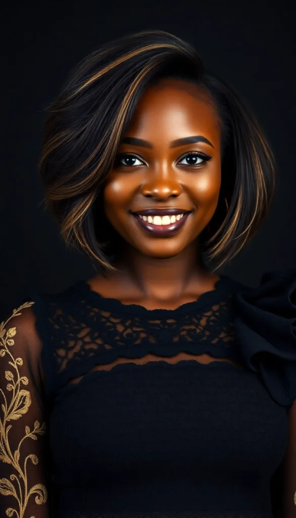 Front-facing close-up of a smiling Black woman with feathered pixie, charcoal background, navy lace gown, highlighting subtle highlights.