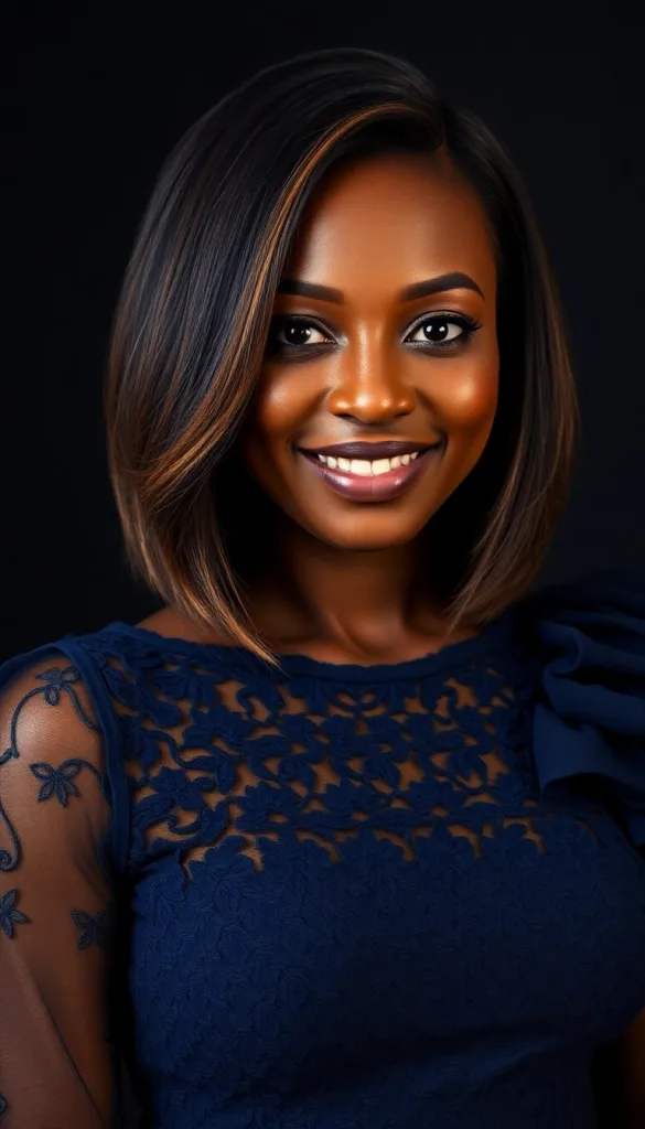 Front-facing close-up of a smiling Black woman with silky feathered bob, charcoal background, navy lace gown, highlighting caramel highlights.