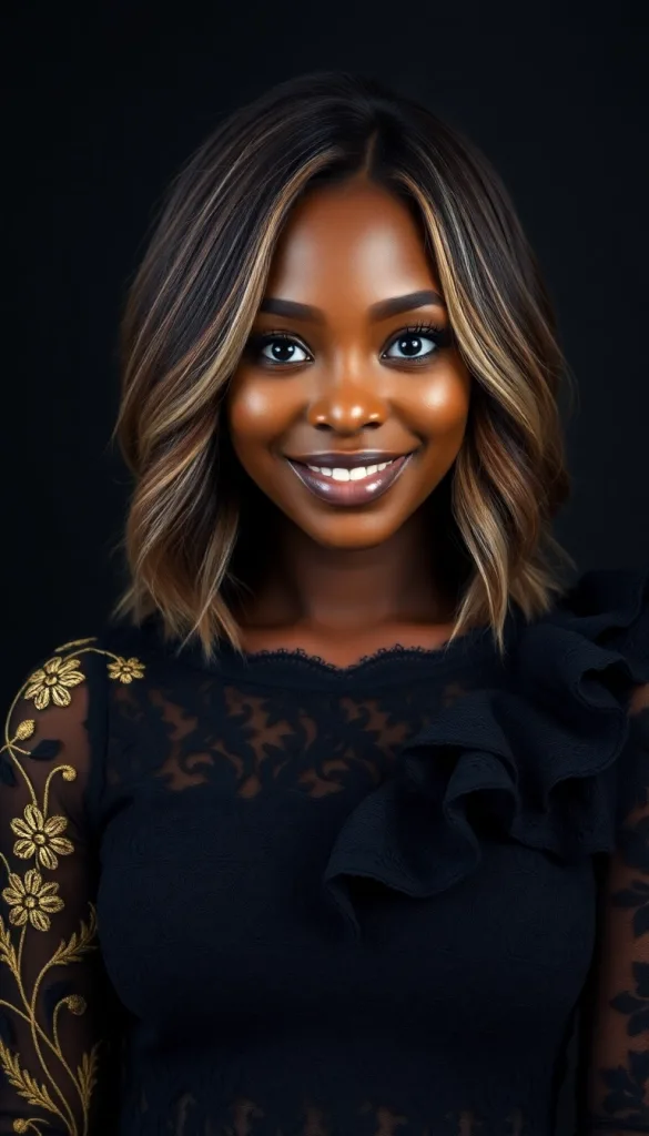 Front-facing close-up of a smiling Black woman with feathered layers, charcoal background, black lace gown, highlighting straight bangs.