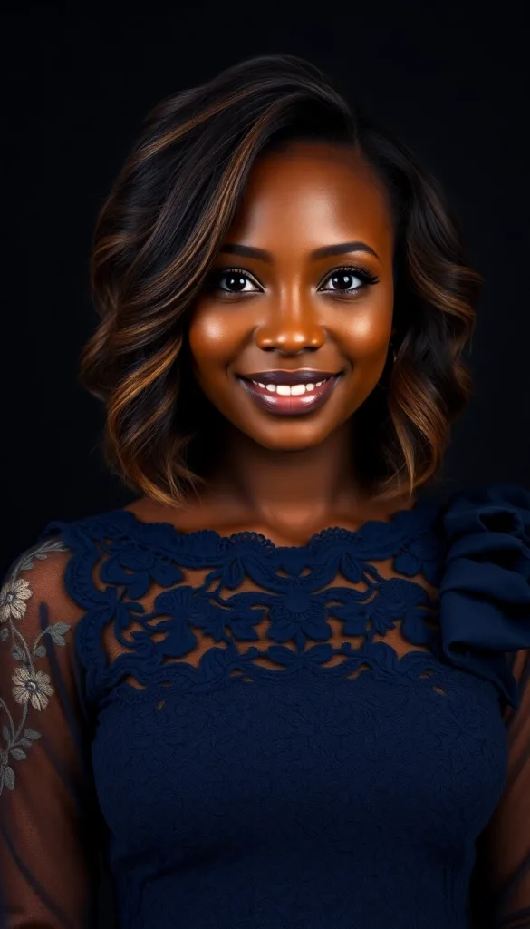 Front-facing close-up of a smiling Black woman with feathered bob, charcoal background, navy lace gown, highlighting subtle highlights.