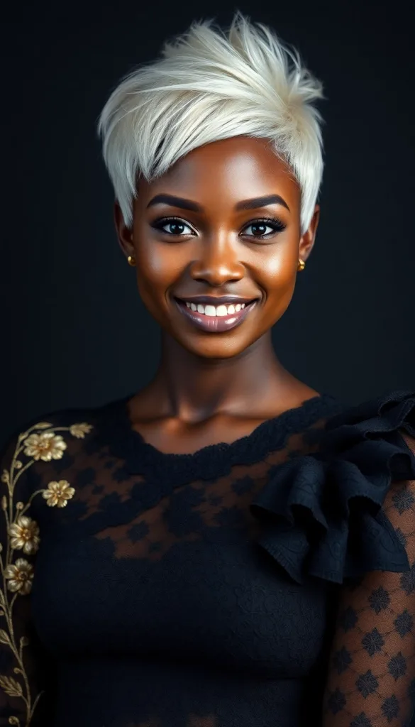 Front-facing close-up of a smiling Black woman with platinum feathered pixie, charcoal background, black lace gown, highlighting silver highlights.