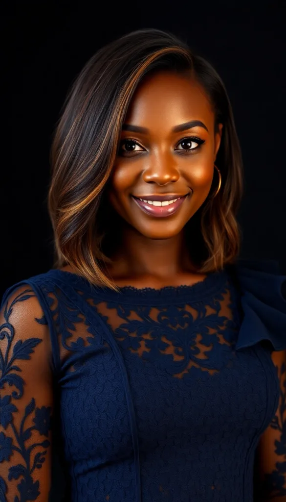 Front-facing close-up of a smiling Black woman with feathered lob, charcoal background, navy lace gown, highlighting honey highlights.