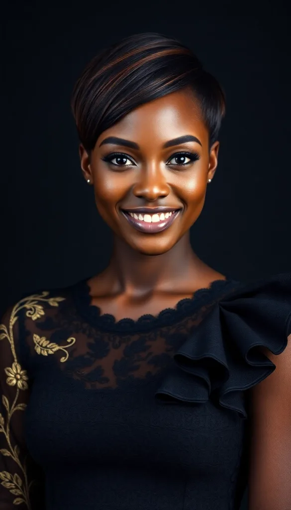 Front-facing close-up of a smiling Black woman with sleek feathered pixie bob, charcoal background, black lace gown, highlighting auburn highlights.