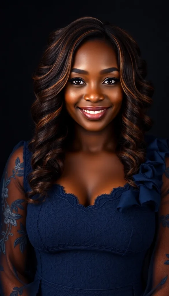 Front-facing close-up of a smiling Black woman with waterfall feathers, charcoal background, navy lace gown, highlighting caramel highlights.