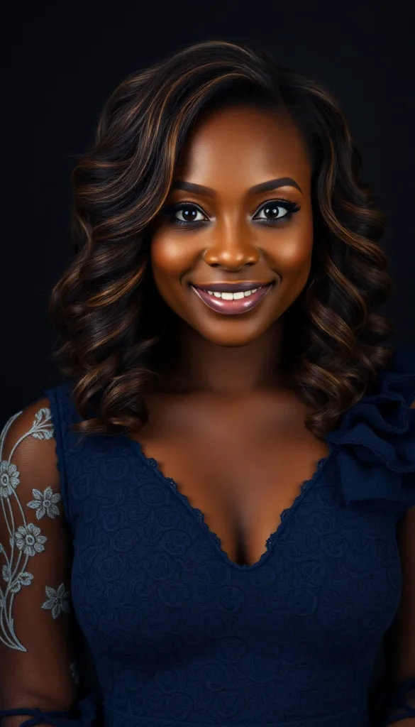 Front-facing close-up of a smiling Black woman with volume “V” layers, charcoal background, navy lace gown, highlighting caramel highlights.