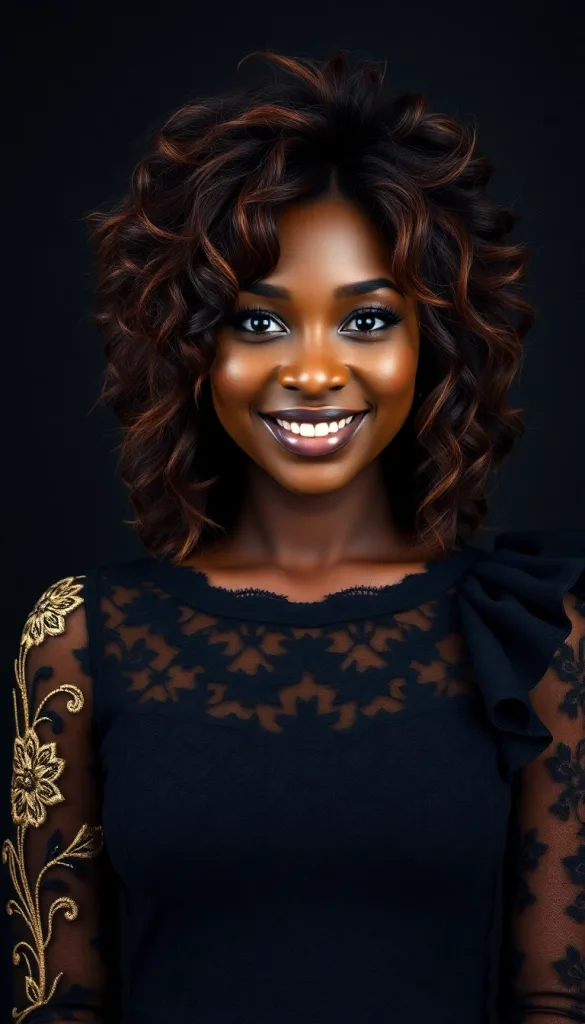 Front-facing close-up of a smiling Black woman with heavy messy feathers, charcoal background, black lace gown, highlighting auburn highlights.
