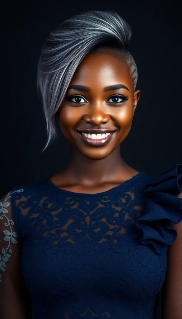 Front-facing close-up of a smiling Black woman with feathered sidecut, charcoal background, navy lace gown, highlighting silver highlights.