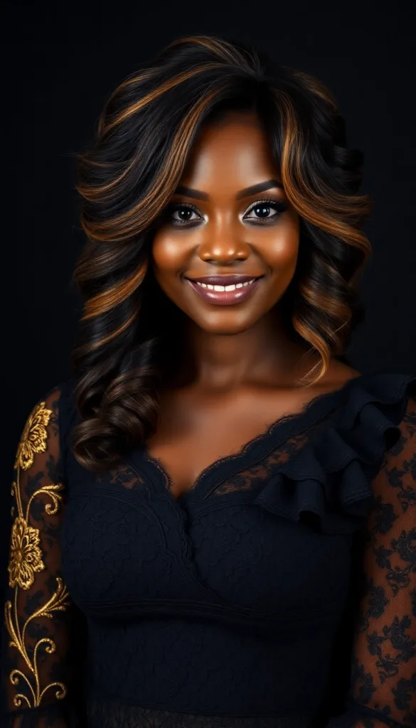 Front-facing close-up of a smiling Black woman with asymmetric feathered layers, charcoal background, black lace gown, highlighting honey highlights.