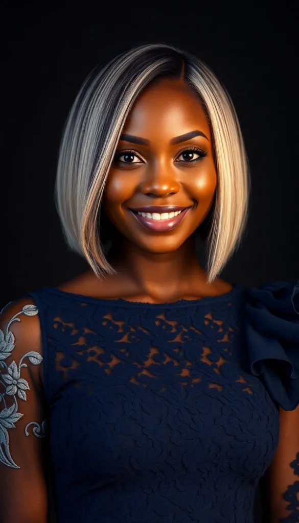 Front-facing close-up of a smiling Black woman with two-toned short bob, charcoal background, navy lace gown, highlighting dual tones.
