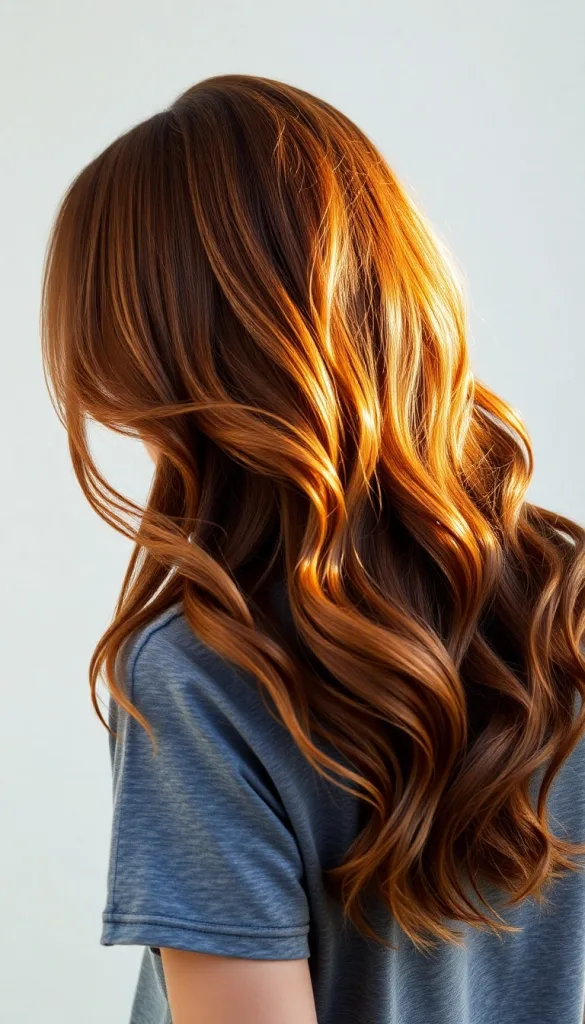Back-facing portrait of a woman with caramel honey beach waves, light background, casual gray t-shirt, highlighting luminous glow.