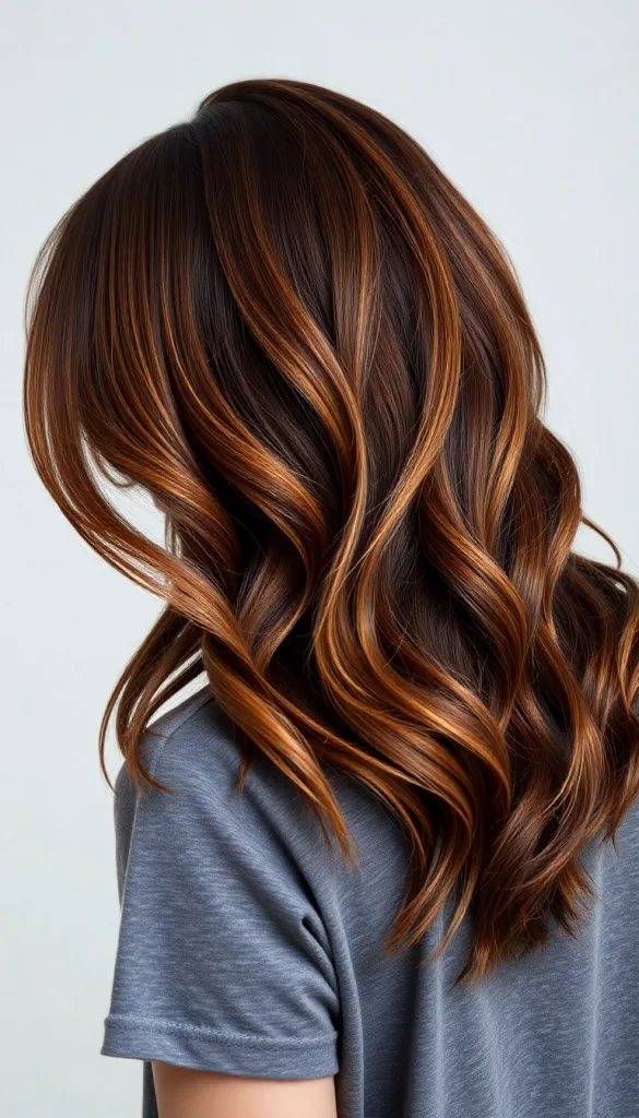 Back-facing portrait of a woman with caramel honey ribbons, light background, casual gray t-shirt, highlighting dimensional layers.
