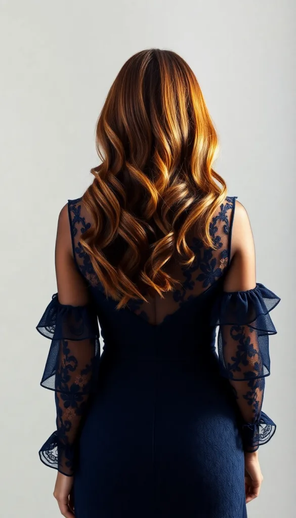 Back-facing portrait of a woman with honey money piece, light background, navy lace gown, highlighting bright frame.