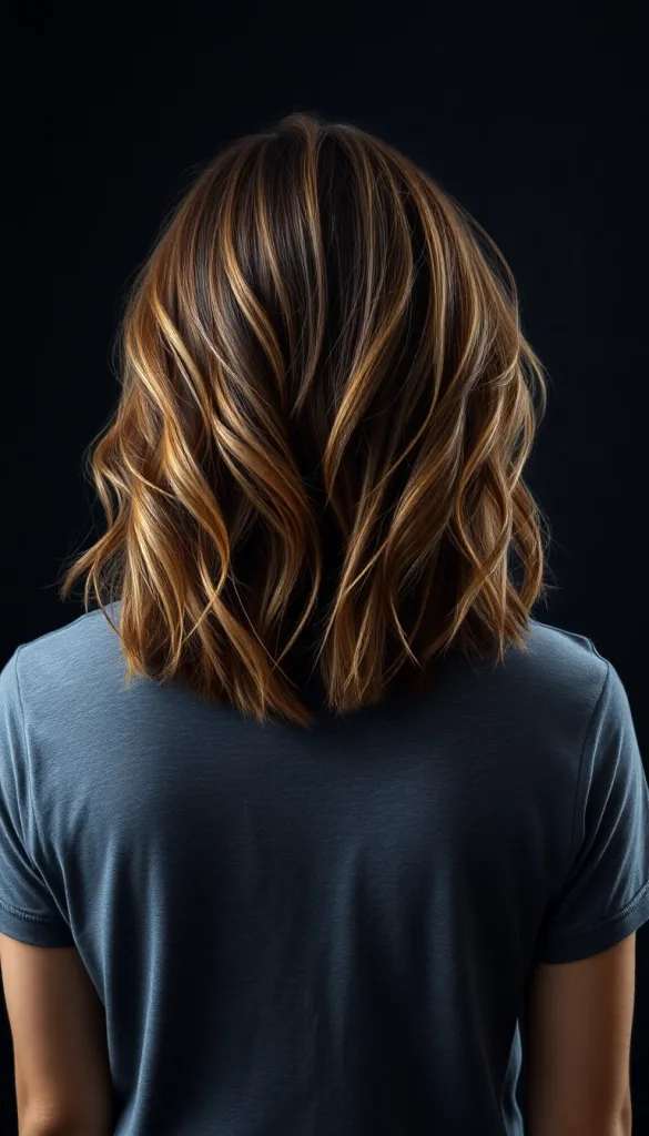 Back-facing portrait of a woman with caramel balayage lob, charcoal background, casual gray t-shirt, highlighting textured waves.