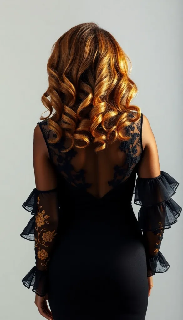 Back-facing portrait of a woman with honey highlighted curls, light background, black lace gown, highlighting voluminous glow.