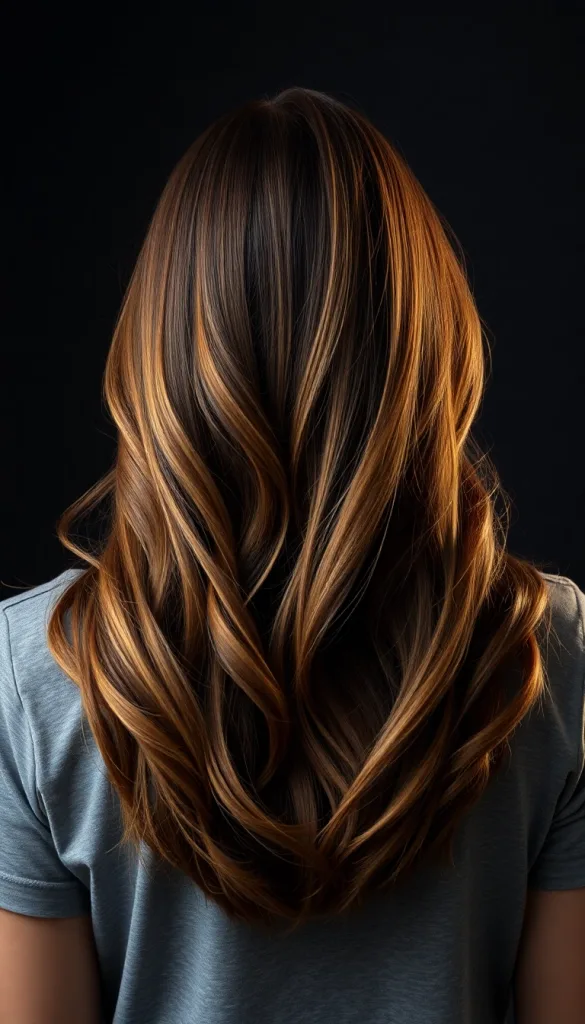 Back-facing portrait of a woman with caramel honey balayage, charcoal background, casual gray t-shirt, highlighting subtle glow.
