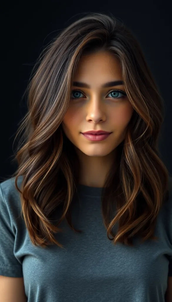 Front-facing close-up of a woman with lived-in caramel honey, charcoal background, casual gray t-shirt, highlighting soft root.