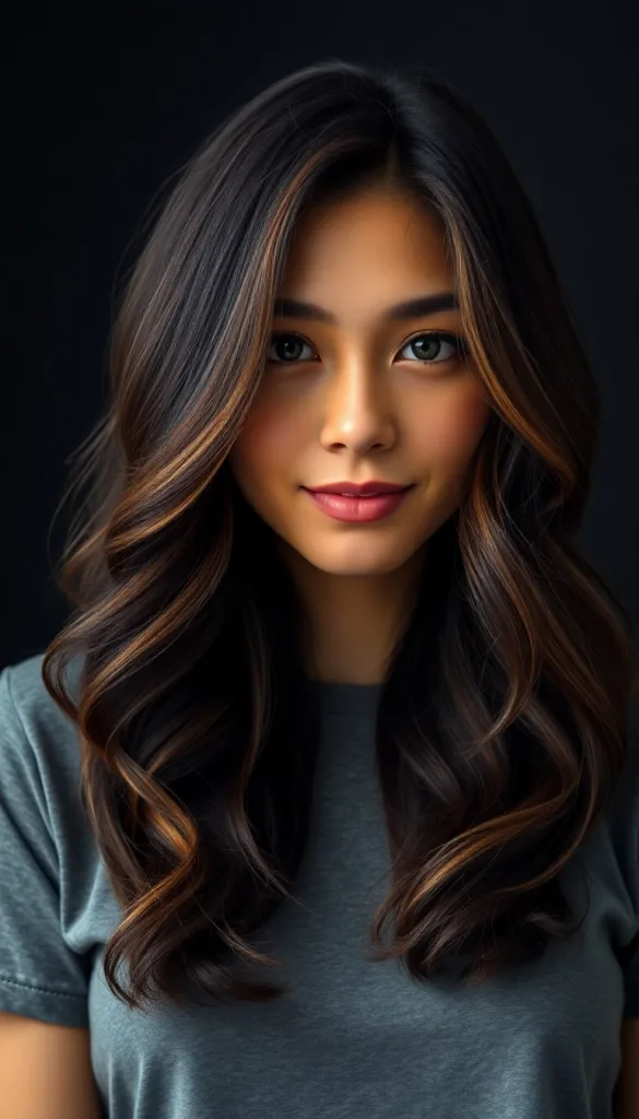Front-facing close-up of a woman with honey caramel tips, charcoal background, casual gray t-shirt, highlighting glowing ends.