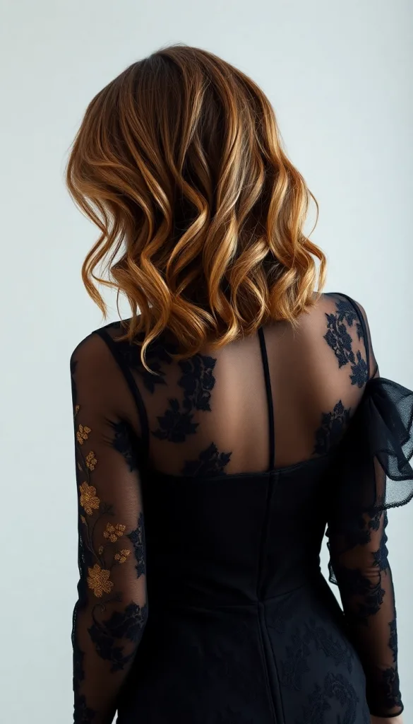 Back-facing close-up of a woman with tousled caramel waves, light background, black lace gown, highlighting honey highlights.