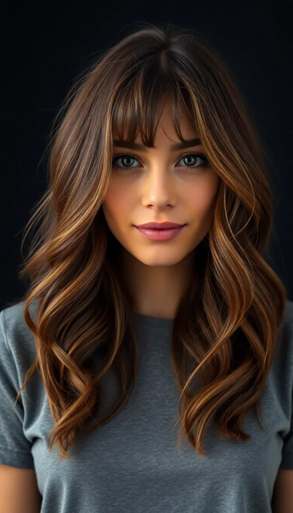 Front-facing close-up of a woman with honey caramel bangs, charcoal background, casual gray t-shirt, highlighting soft waves.