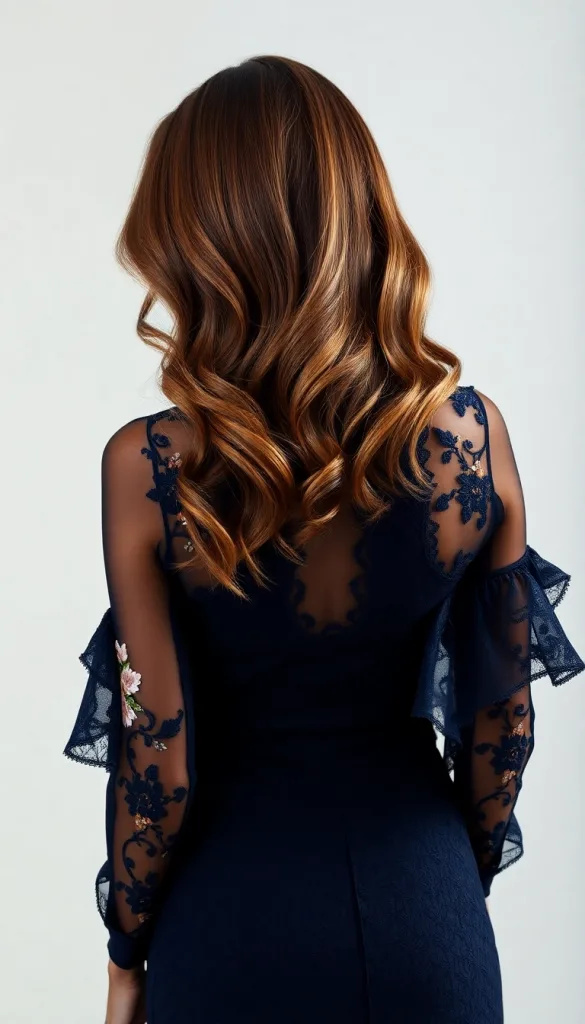 Back-facing close-up of a woman with dark chocolate caramel melt, light background, navy lace gown, highlighting honey glow.