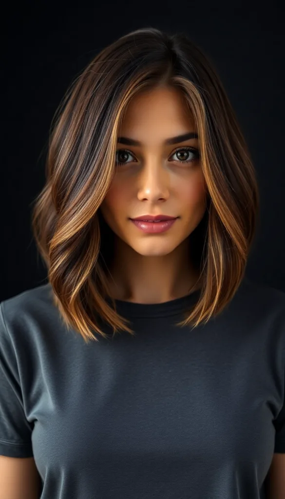 Front-facing close-up of a woman with chunky caramel highlights, charcoal background, casual gray t-shirt, highlighting bold honey.