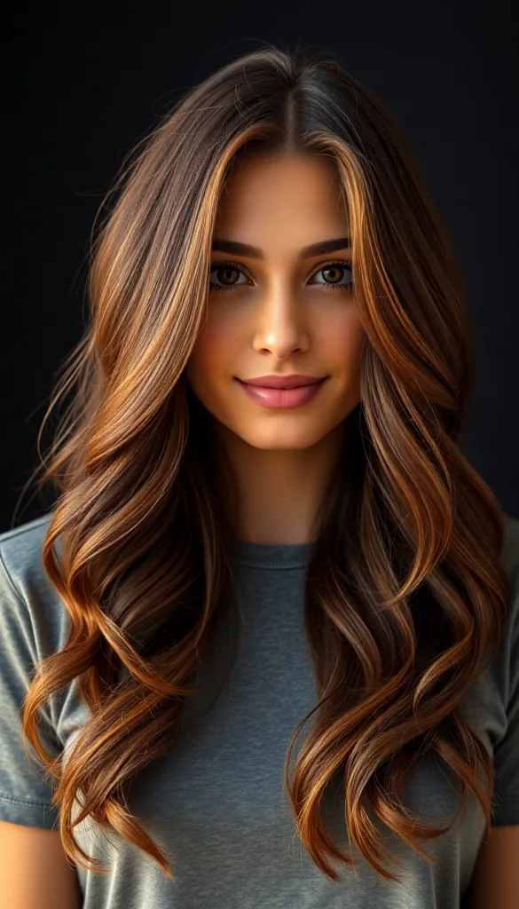 Front-facing close-up of a woman with caramel honey long layers, charcoal background, casual gray t-shirt, highlighting sunlit glow.