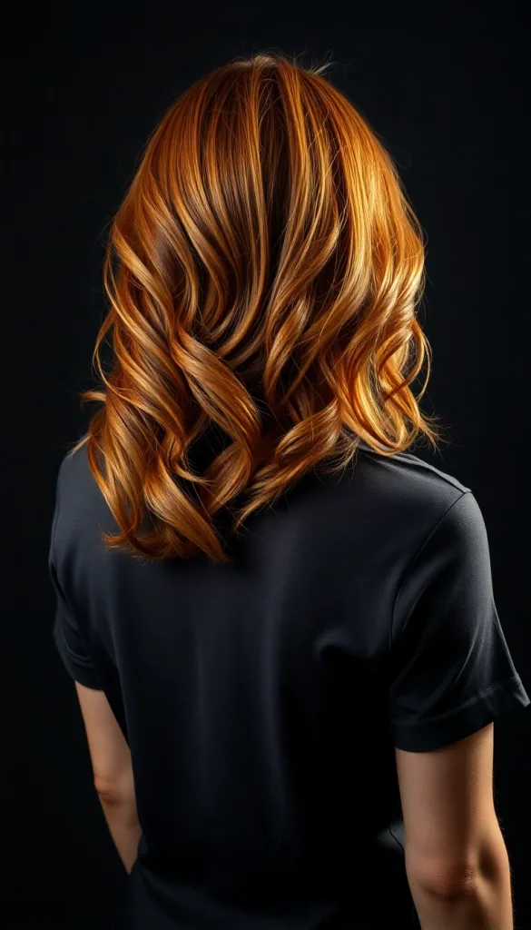 Back-facing close-up of a woman with auburn honey caramel, charcoal background, casual gray t-shirt, highlighting fiery tones.