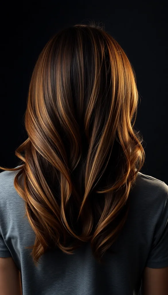 Back-facing close-up of a woman with caramel midlights, charcoal background, casual gray t-shirt, highlighting added depth.